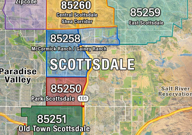Scottsdale zip code map showing different areas